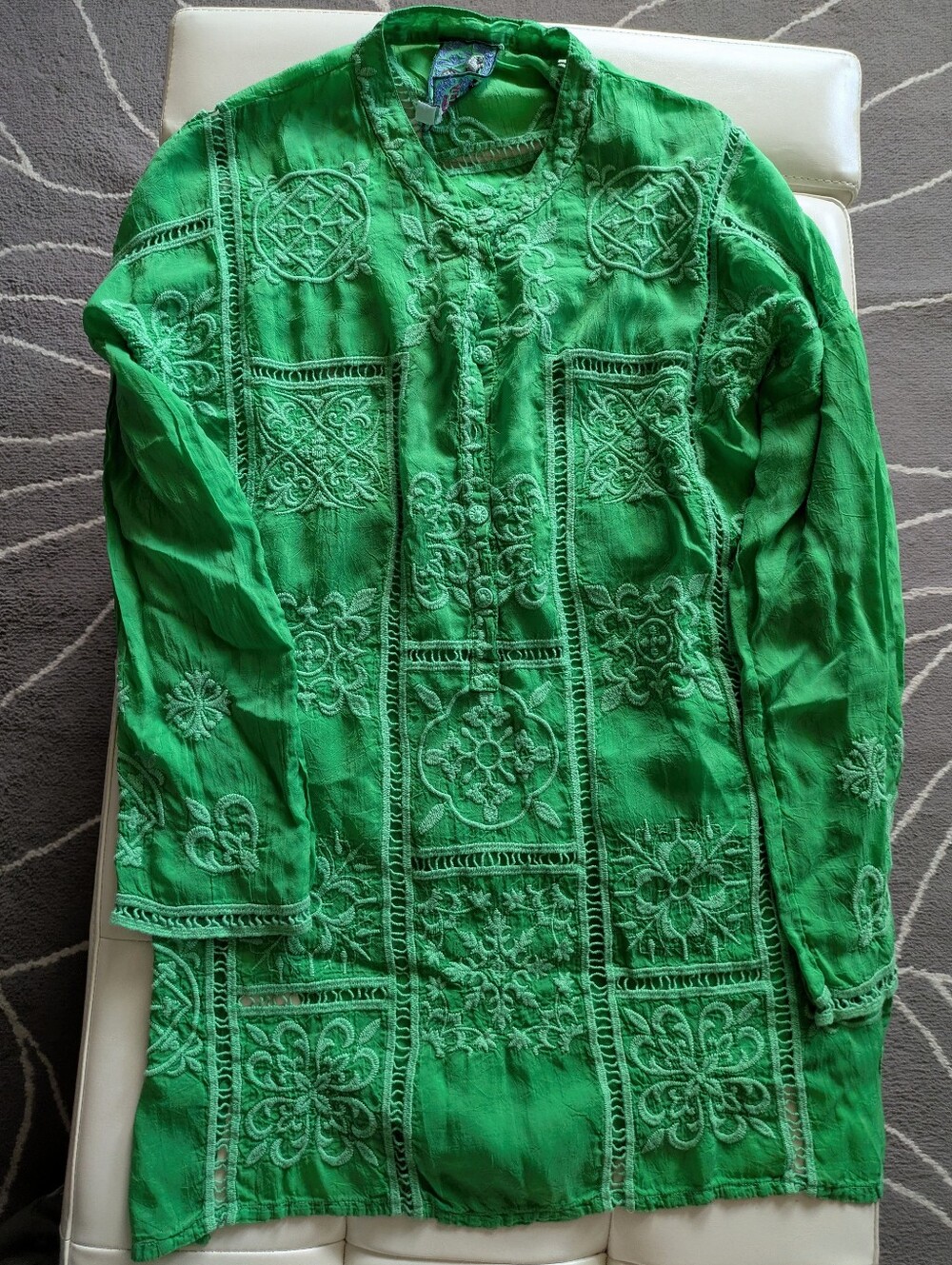 Johnny Was Green Embroidered Tunic Long Sleeve Blouse